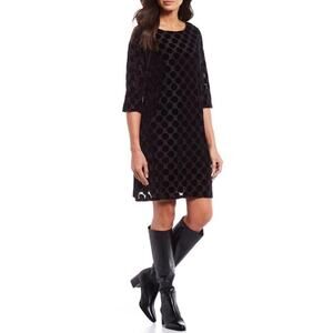 BRYN WALKER Hester Burnout Velvet Shift Dress Polka Dot Black 3/4 Sleeve Medium